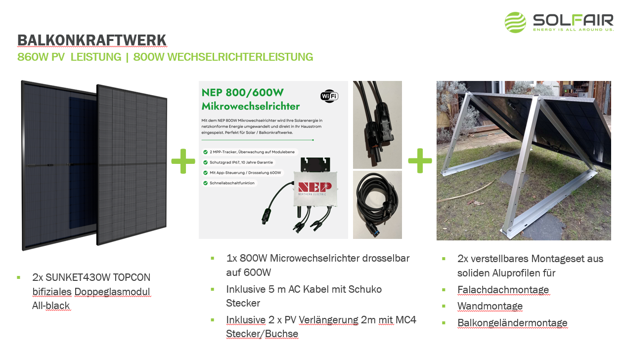 SOLFAIR Balkonkraftwerk "Move it"   2 x 430W bifizales PV Modul  mit 800 W Inverter und "One fits all" Montageset