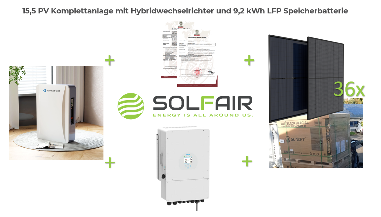 15,5 kWp PV Komplettanlage mit 36x bifizialen Doppelglas PV Modulen  inkl. Hybridwechselrichter & 10kWh Speicherbatterie